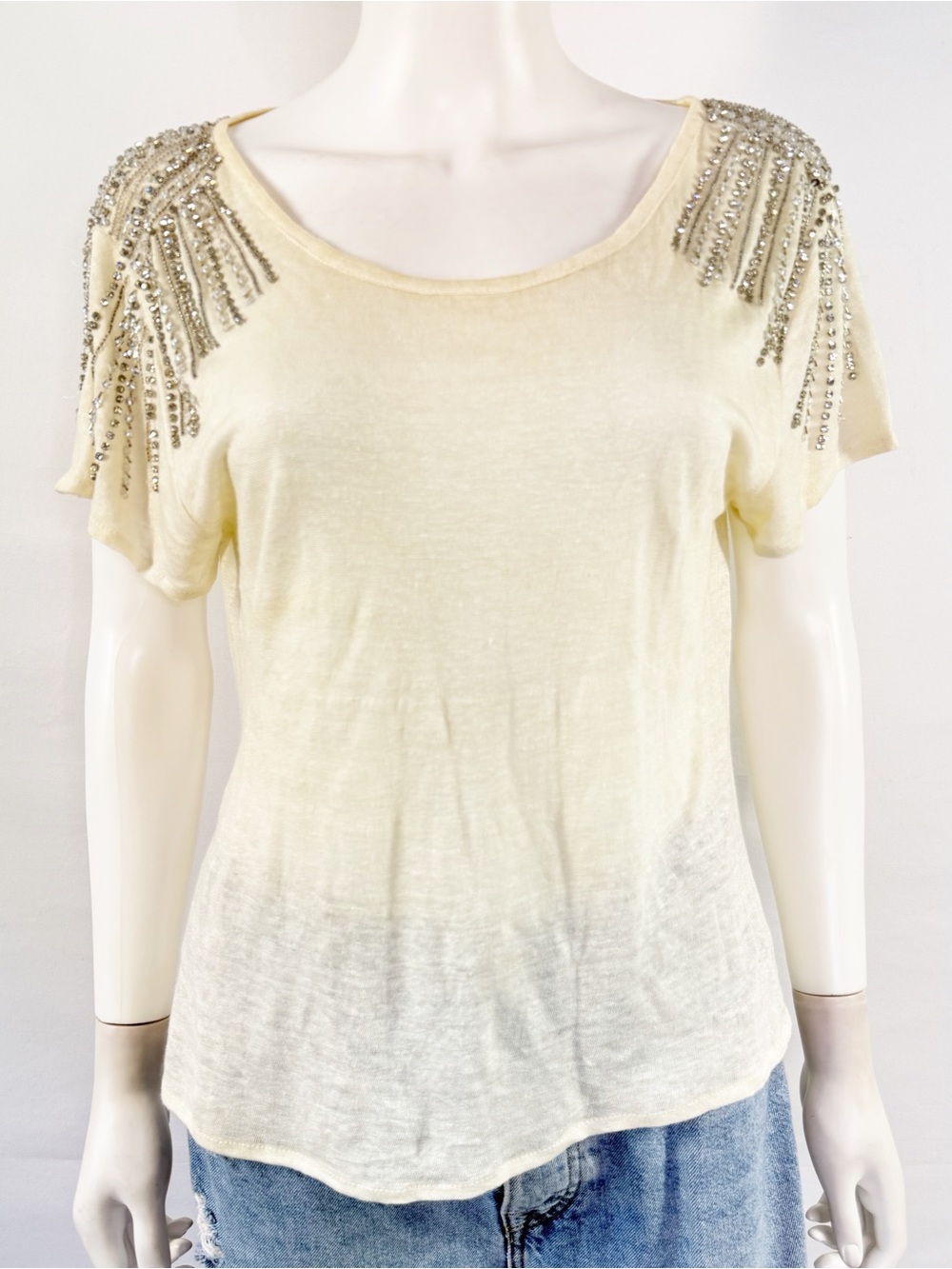 AS by DF Ivory Beaded Embellished Blouse Top Size S Cocktail Party Short Sleeve